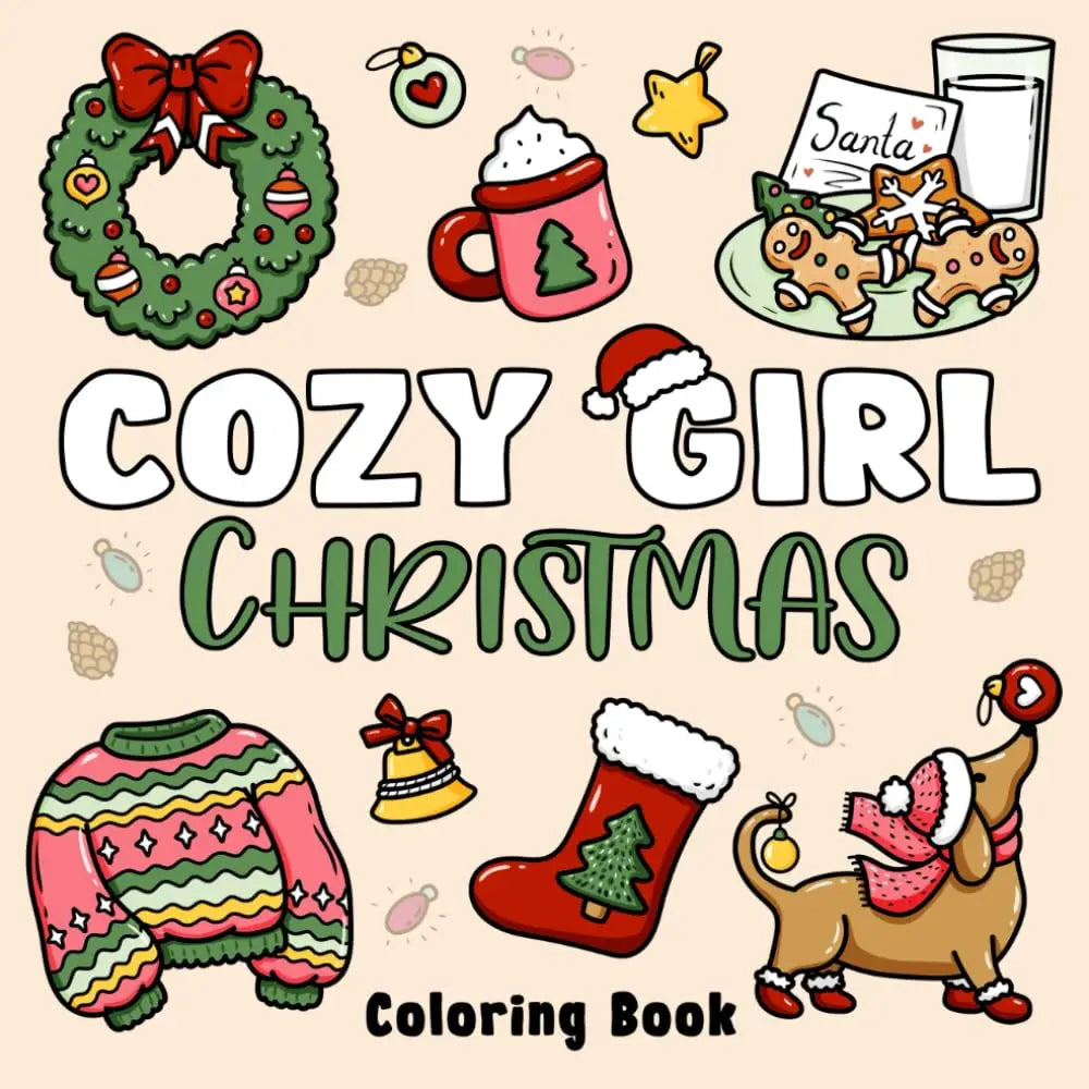 A coloring book cover featuring Christmas-themed illustrations like a wreath, mug, Santa hat, and holiday boots.