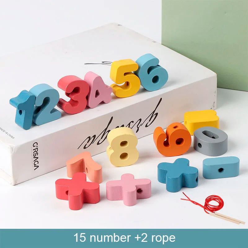 Wooden Lacing Beads Set for Kids with Animal, Fruit, Letter & Number Shapes