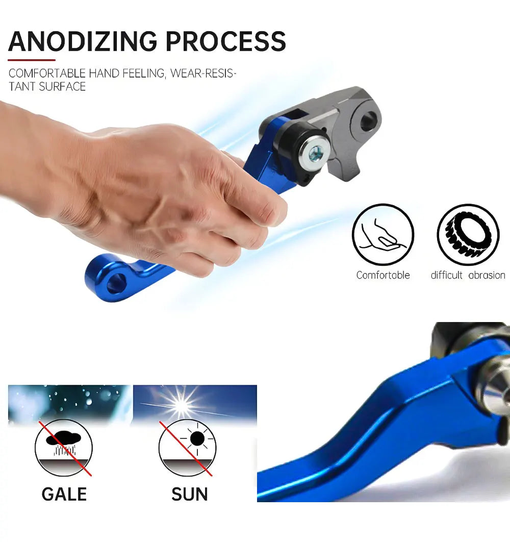 A hand holds a blue anodized aluminum brake and clutch lever set, demonstrating comfortable hand feeling and wear resistance.
