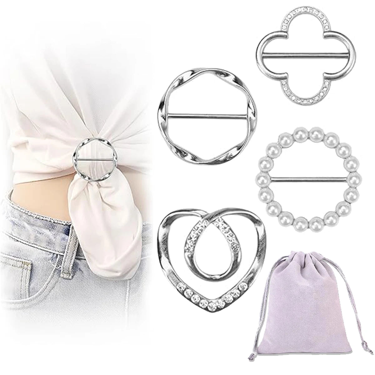 A set of silver metal scarf ring clips and a lavender fabric pouch for fashion accessories