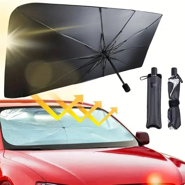 A black foldable car windshield sunshade is shown being placed on a red car windshield.