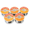 Four spools of solder core wire with different diameters and flux levels for soldering applications