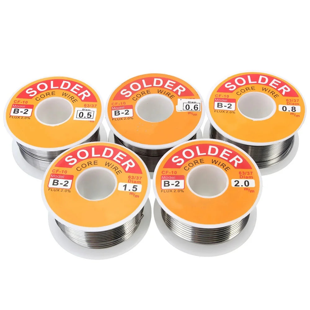 Four spools of solder core wire with different diameters and flux levels for soldering applications