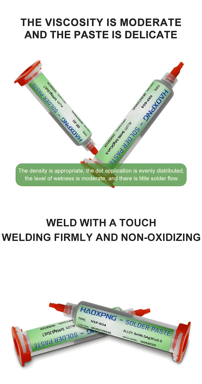 A pair of HAOXPNG solder paste tubes are shown with text describing its moderate viscosity and delicate paste quality.