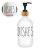 A white refillable soap dispenser bottle with black text that reads DISHES.
