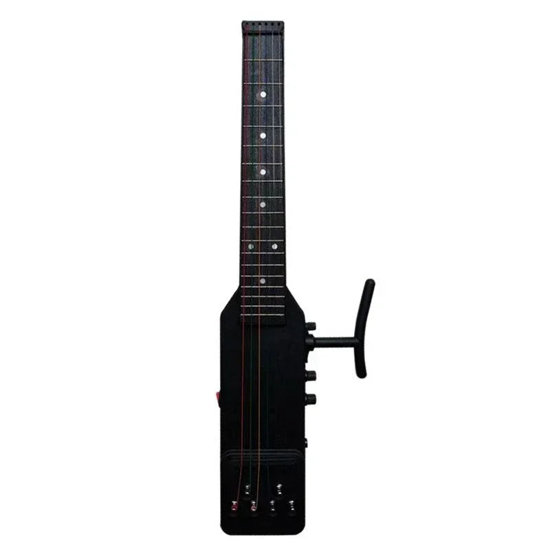 A black silent electric acoustic guitar with an active pickup and fretboard visible.