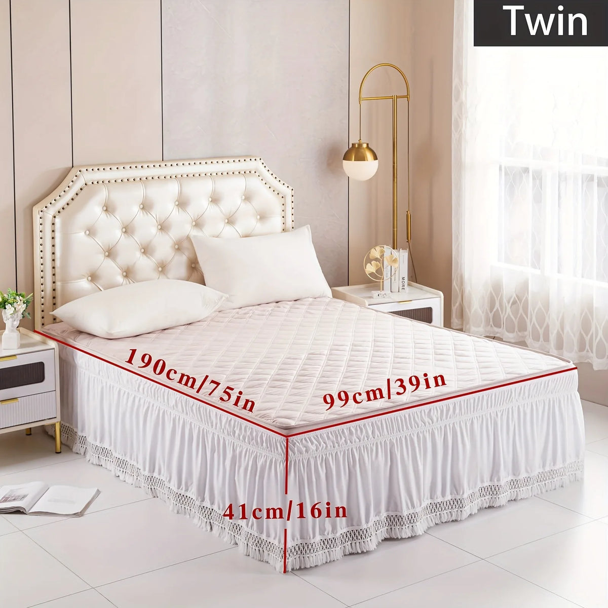 White quilted bed skirt with lace trim and gold hardware shown in a bedroom setting.