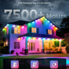 A house illuminated by colorful RGBIC eave lights during a rainstorm, highlighting durable outdoor lighting.