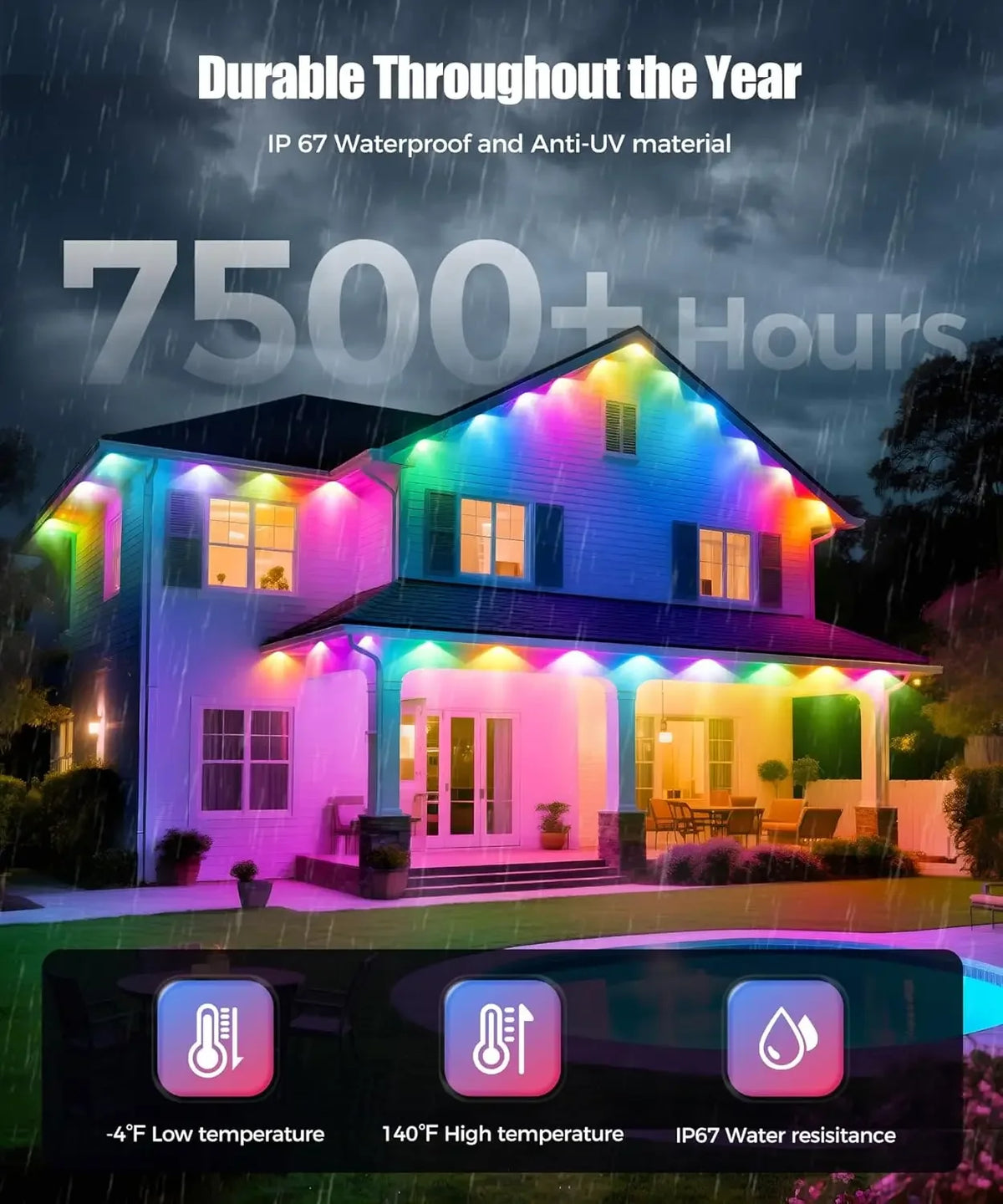 A house illuminated by colorful RGBIC eave lights during a rainstorm, highlighting durable outdoor lighting.