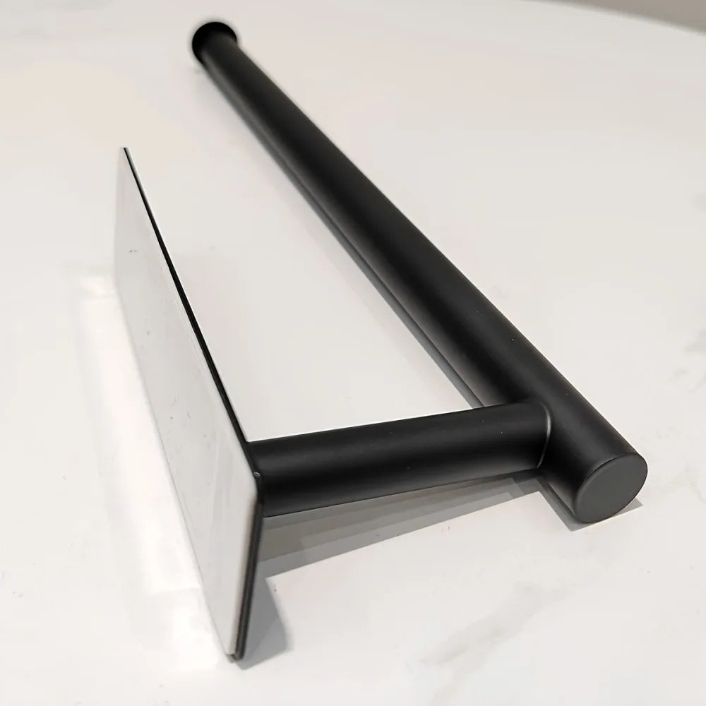 A black stainless steel under-cabinet paper towel holder with a rectangular mounting plate.