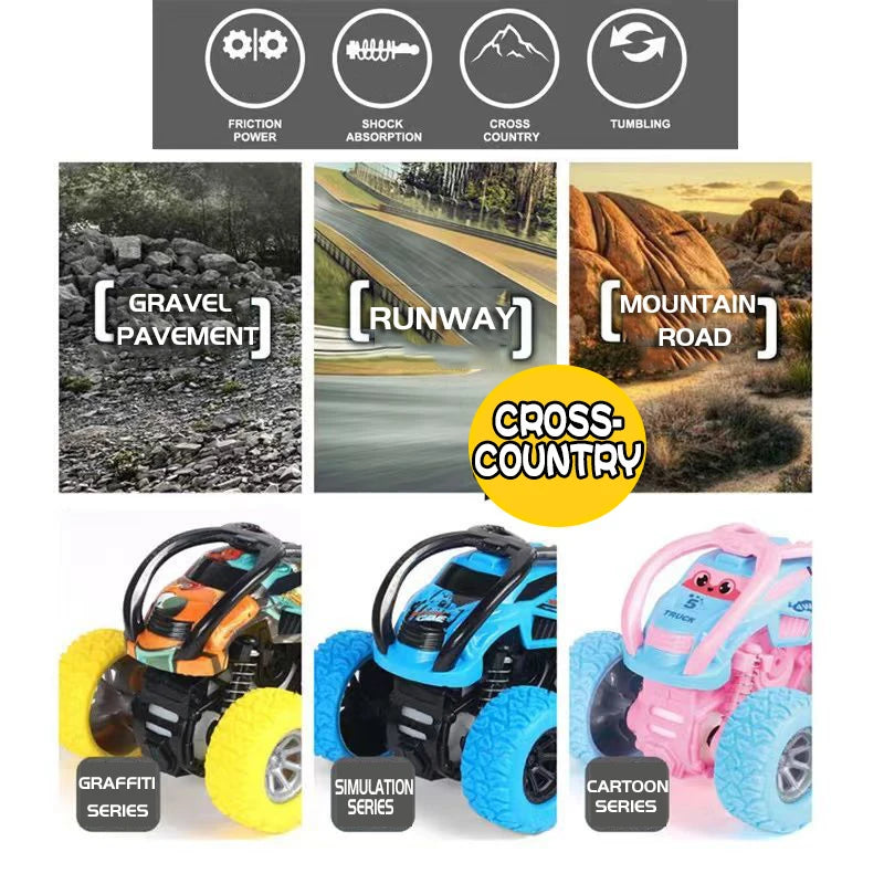 A collection of four off-road stunt cars including a gravel pavement series, runway series, mountain road series, and cartoon