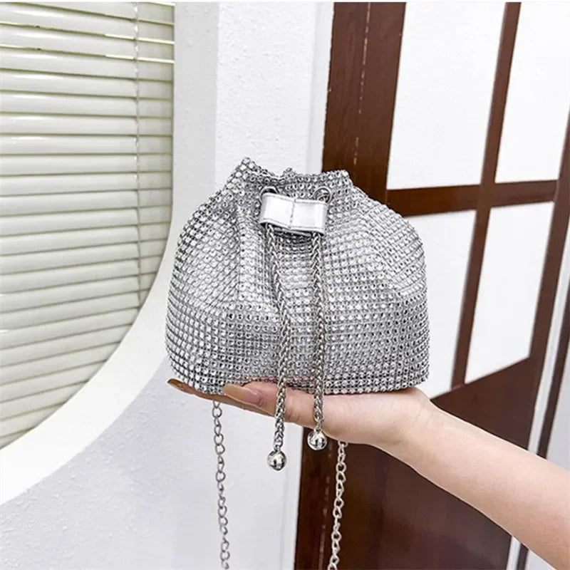 Rhinestone Bucket Crossbody Bag with Detachable Chain Strap