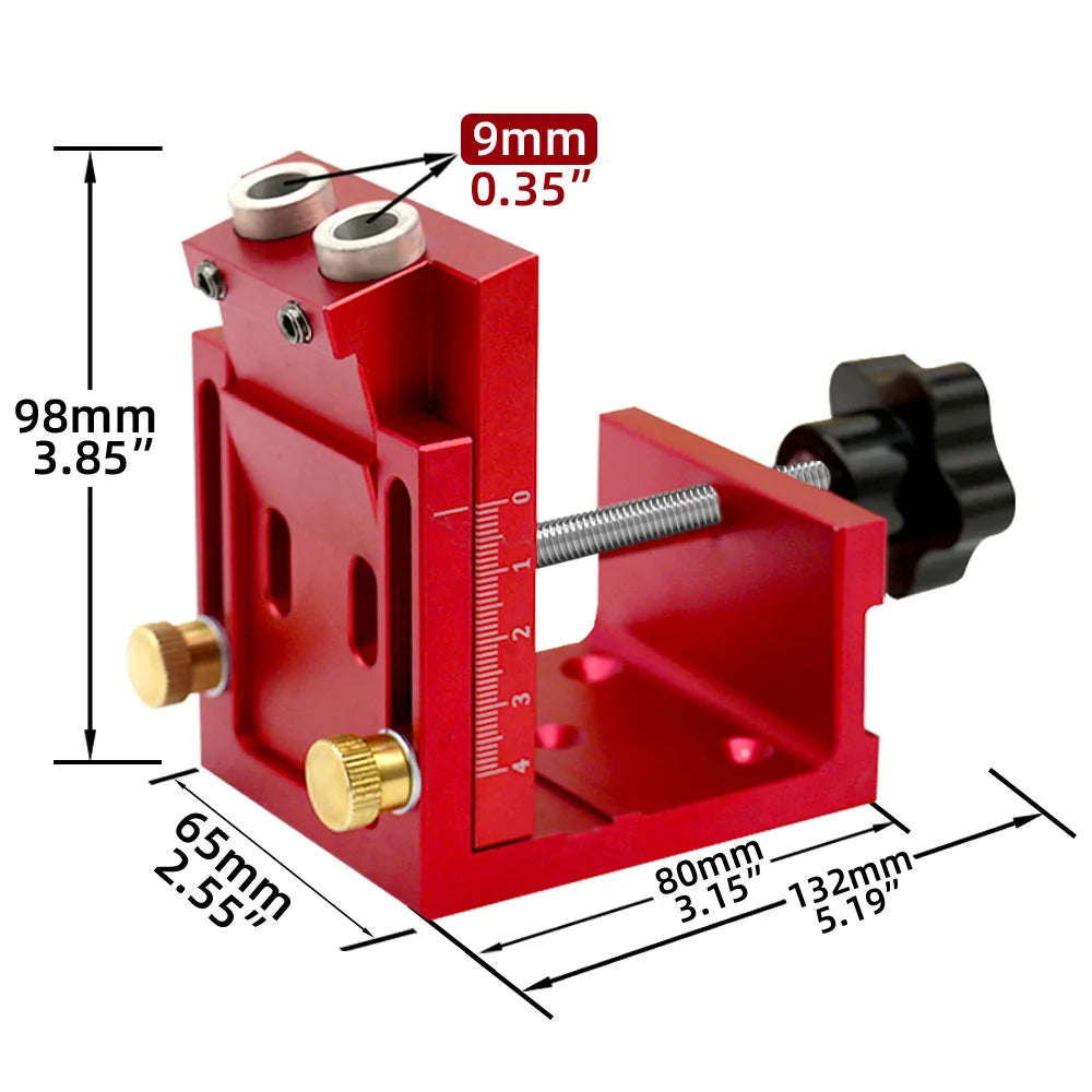 A red adjustable pocket hole jig kit with various measurements and mounting holes.