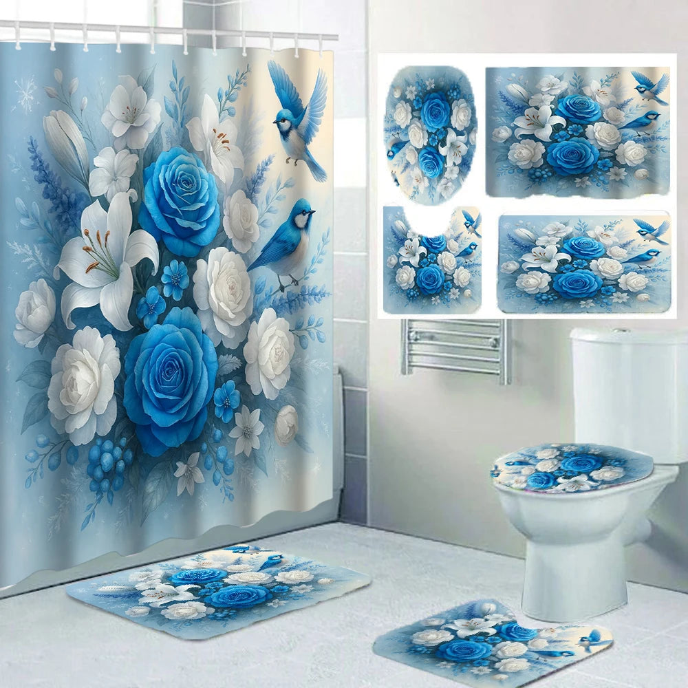 Blue and white peony floral shower curtain set with matching rug and toilet cover