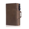Portefeuille en cuir véritable marron avec bloqueur RFID, fermeture noire et emplacement de carte argenté.