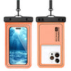 An orange floating phone case with a clear back, featuring a detachable black strap and a white camera module.