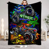 A graphic design featuring a monster truck with green and blue accents on a black background.