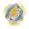 A translucent white and gold battle spinning top featuring a central metal construction and blue accents.