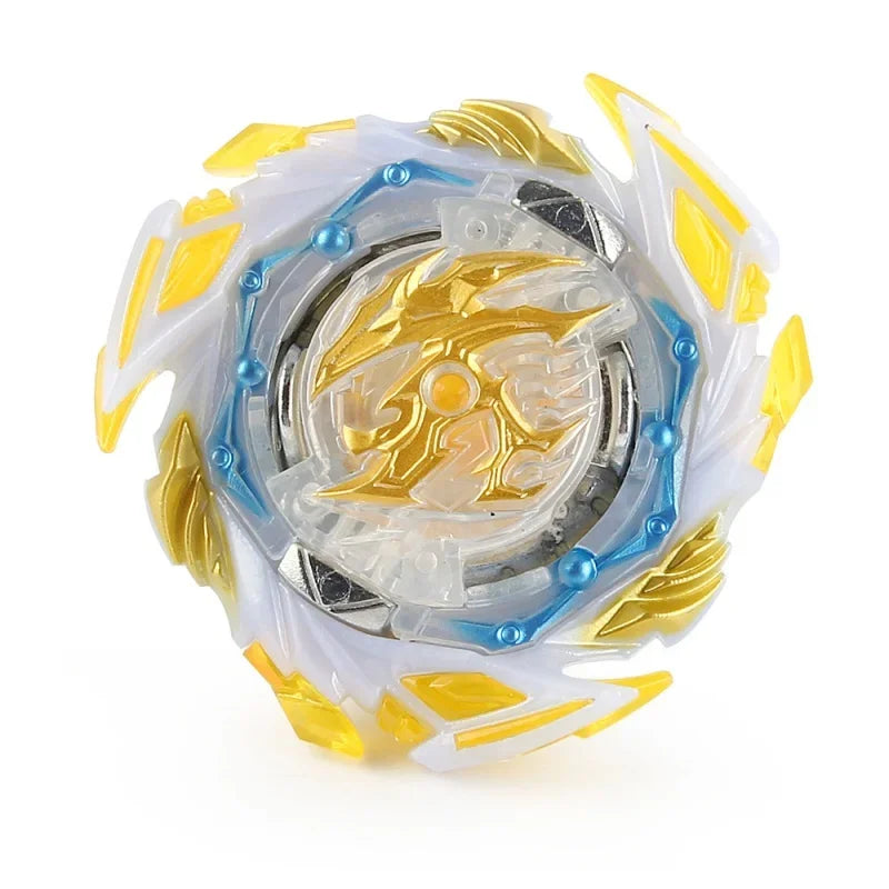 A translucent white and gold battle spinning top featuring a central metal construction and blue accents.
