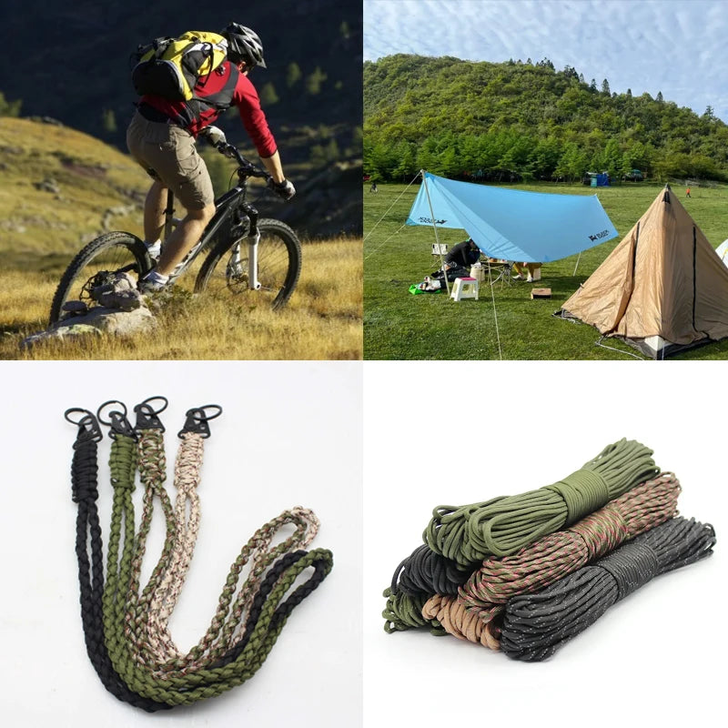 A collection of paracord lanyards and keychains in various shades of green, brown, and black.