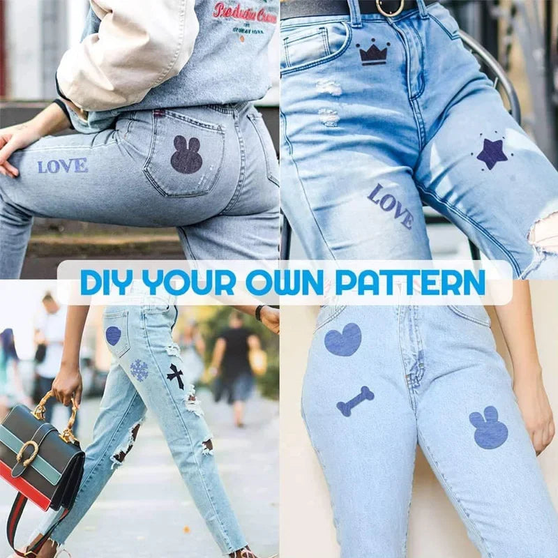 Close-up of light wash denim jeans decorated with iron-on patches featuring words like LOVE, a bear, and a star.