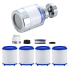 A silver faucet water purifier with a rotating head and a PP cotton filter, shown alongside replacement parts.