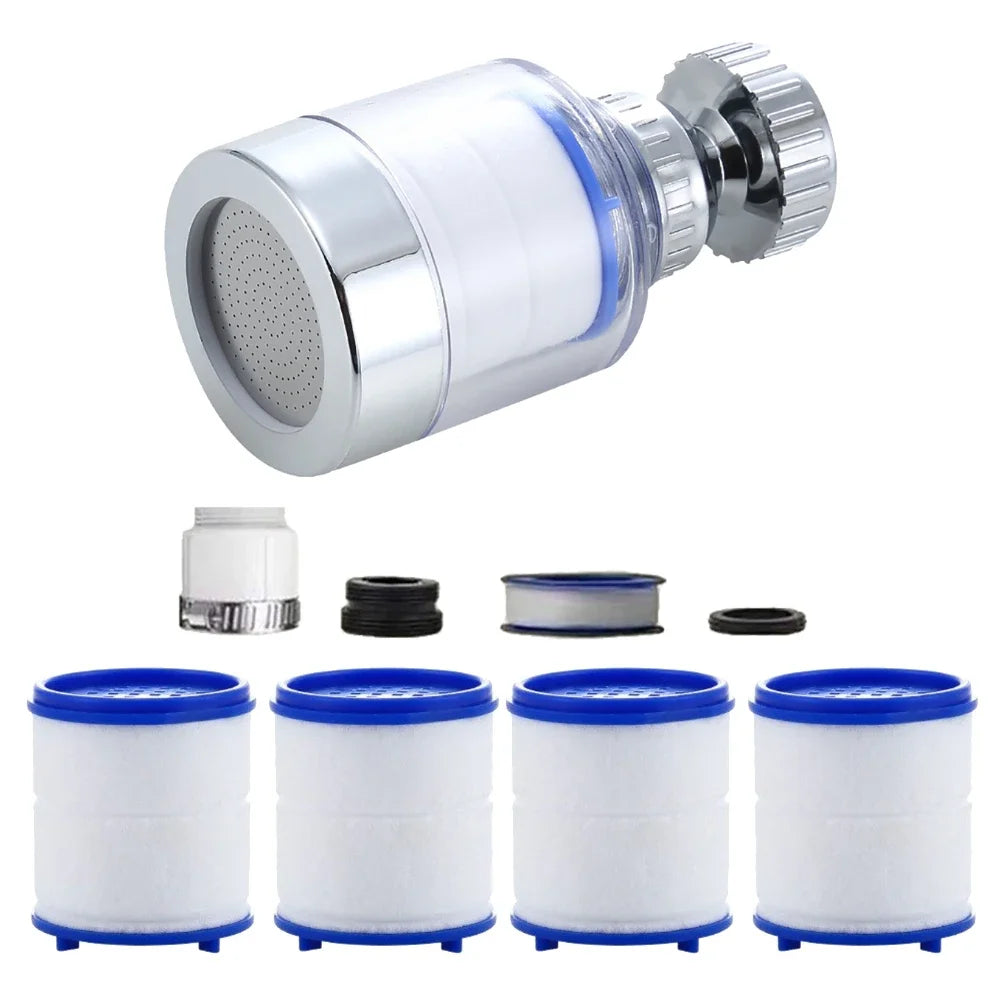 A silver faucet water purifier with a rotating head and a PP cotton filter, shown alongside replacement parts.