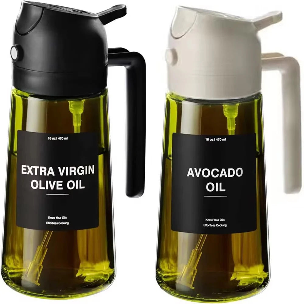 A dark green glass bottle of extra virgin olive oil with a black dispenser top and a white sprayer top.