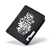 Black men's compact double-fold wallet with card slots featuring white stylized text