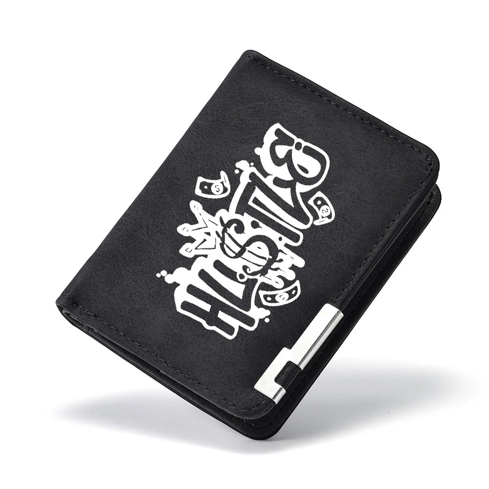 Black men's compact double-fold wallet with card slots featuring white stylized text