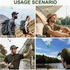 A collage showing usage scenarios for a dragonfly garden clip, including backpacking, camping, fishing, and canoeing.