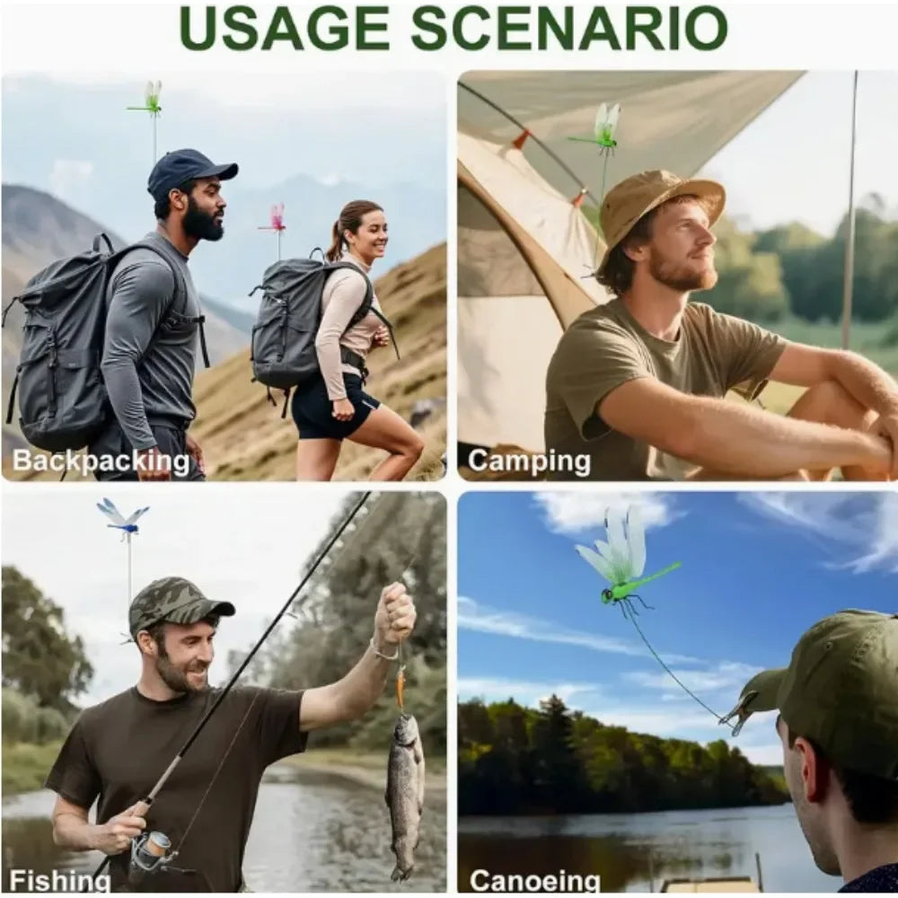 A collage showing usage scenarios for a dragonfly garden clip, including backpacking, camping, fishing, and canoeing.