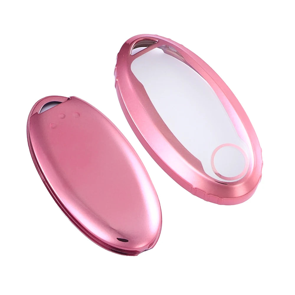 A pink silicone key fob cover for a Nissan vehicle, shown open and closed.