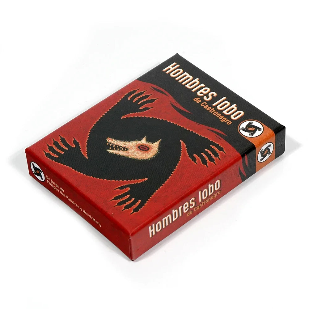 Box of Hombre Lobo de Castronegro card game featuring a stylized black werewolf silhouette on a red background