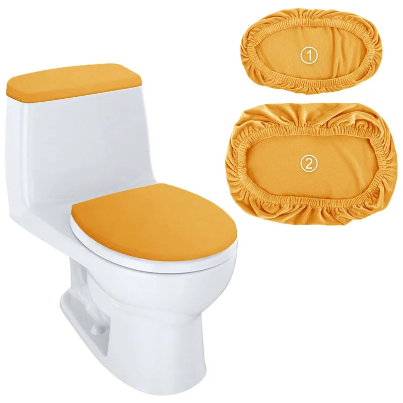 A white toilet with an orange seat and a matching orange stretchable tank cover shown next to the components.
