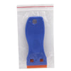 A blue plastic razor scraper with an orange base and a silver replacement blade visible inside a clear plastic pouch.