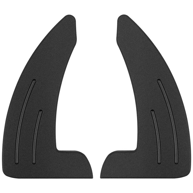 A pair of black shift paddle extenders for a steering wheel.