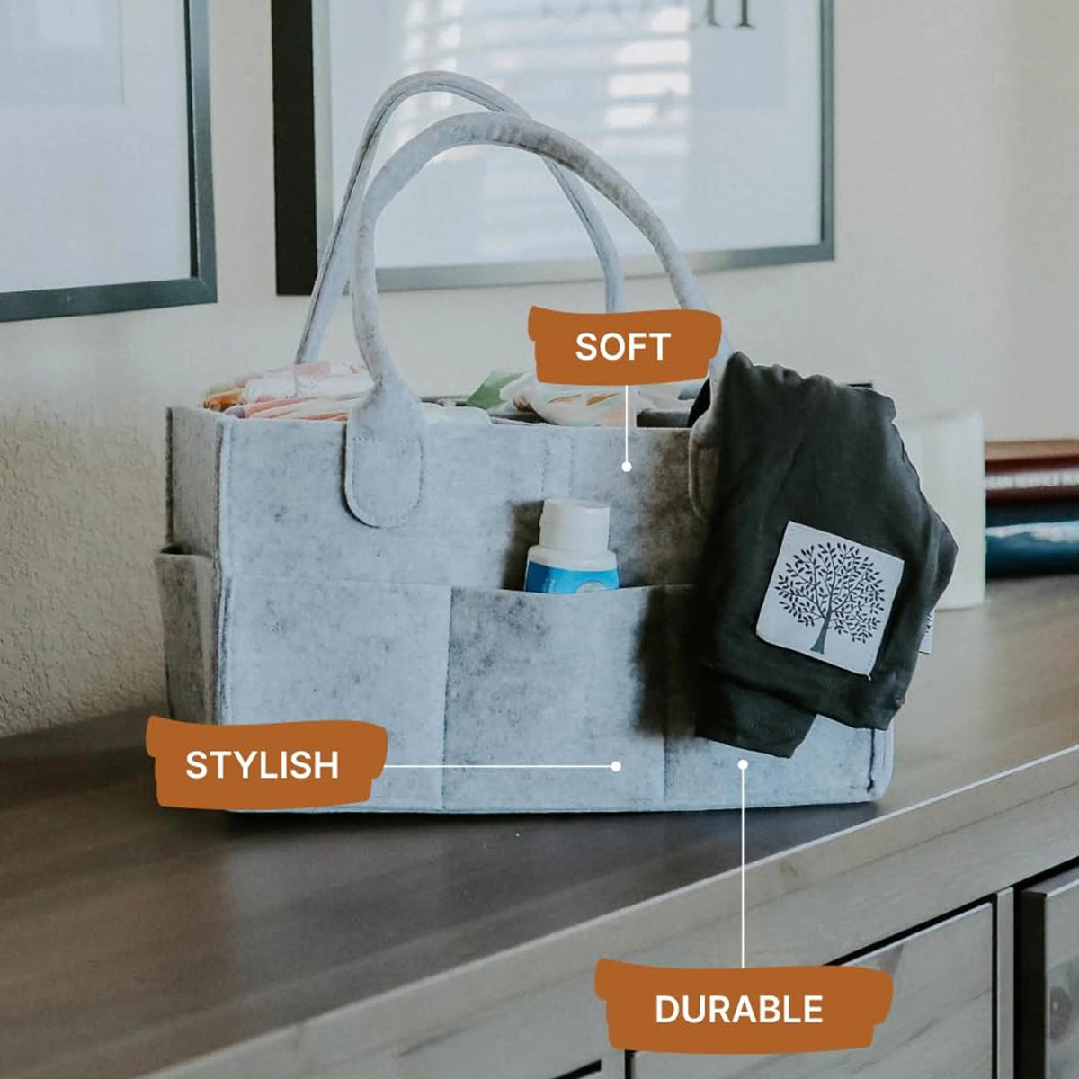 Felt Baby Diaper Caddy Organizer with Pockets and Removable Divider