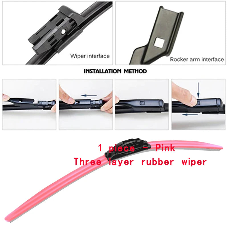 Pink three-layer rubber wiper blade for installation on a rocker arm or wiper interface.