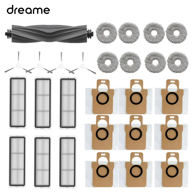 Replacement parts kit for Dreame robot vacuum cleaners showing various components and accessories.
