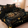Black duvet cover set featuring a celestial sun and moon galaxy design with gold accents