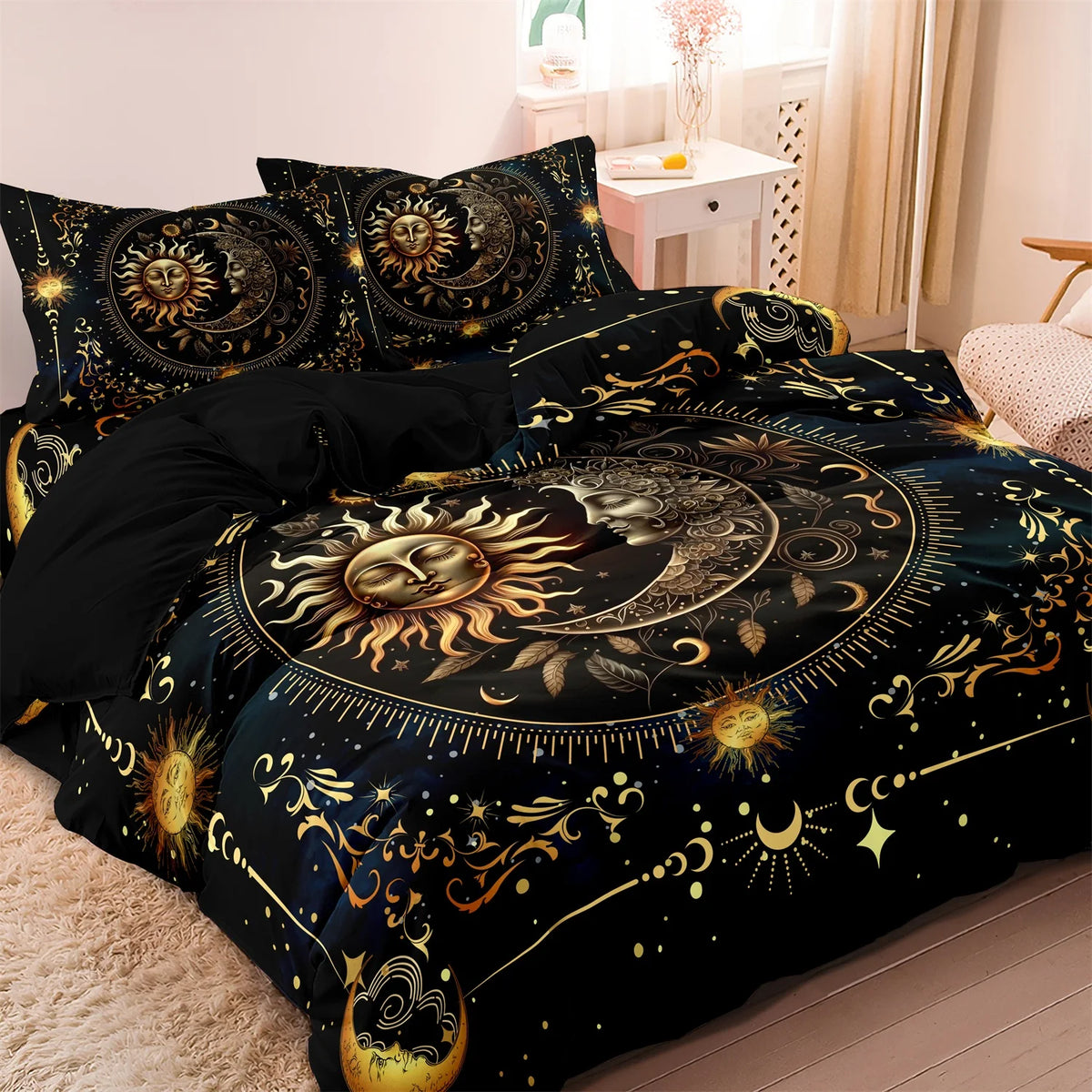 Black duvet cover set featuring a celestial sun and moon galaxy design with gold accents