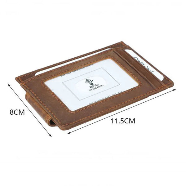 Brown leather slim wallet with money clip featuring RFID blocking technology
