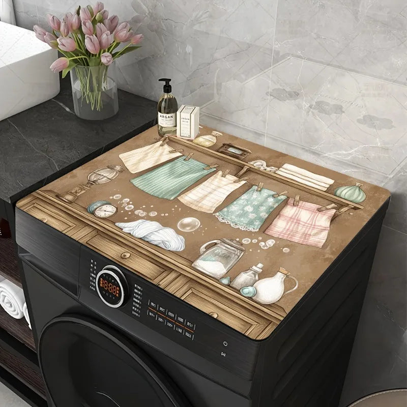 A retro laundry room washer and dryer top cover with non-slip protection displayed on a dark surface.