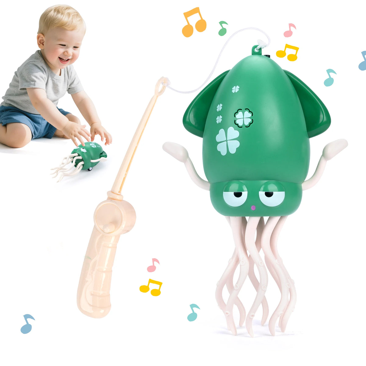 A toddler is interacting with an interactive dancing squid toy that features lights and music.