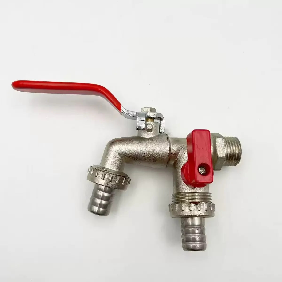 A brass garden water faucet with a red lever handle and threaded connections.