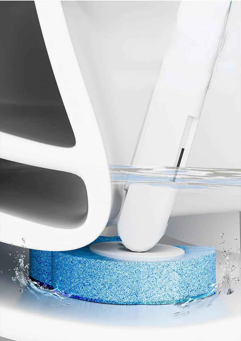 A white wall-mounted holder is shown cleaning a blue, textured surface with water.