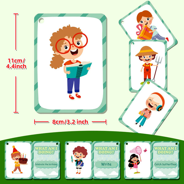 Un set de cartes flash colorées montrant des enfants engagés dans diverses activités comme la lecture, l'écriture et la fête 