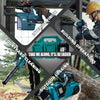 A person is using a blue power tool in an outdoor setting, demonstrating various applications like cleaning and logging.