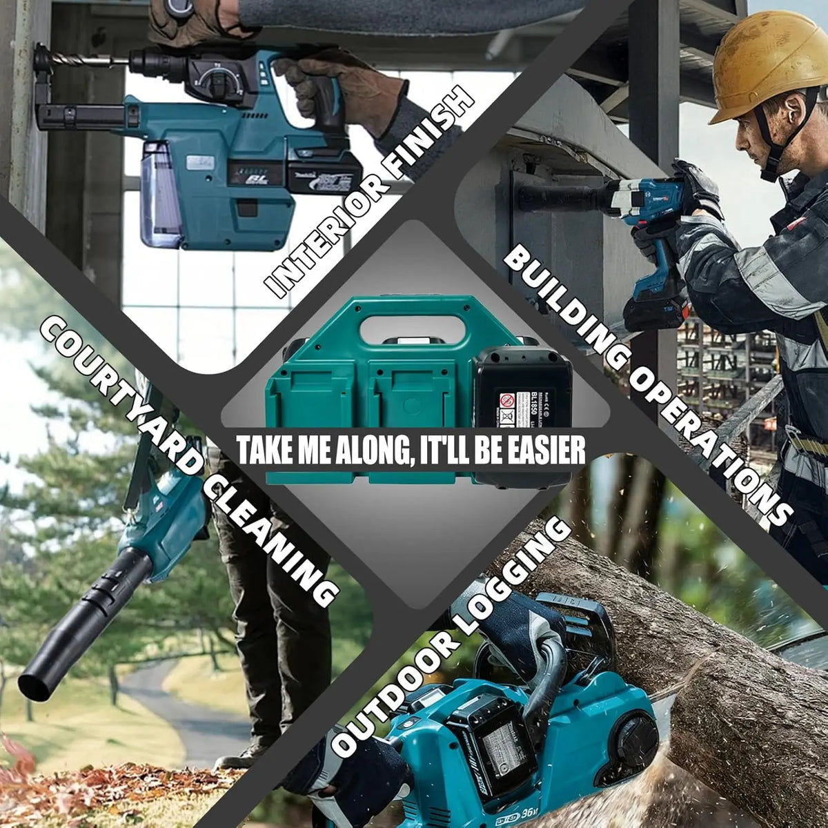 A person is using a blue power tool in an outdoor setting, demonstrating various applications like cleaning and logging.